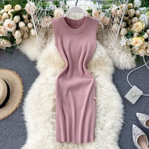 Teeuiear New Arrival Slim button Bodycon Knitted short Dress Summer Party tank sundress Women casual dress Club sheath dresses