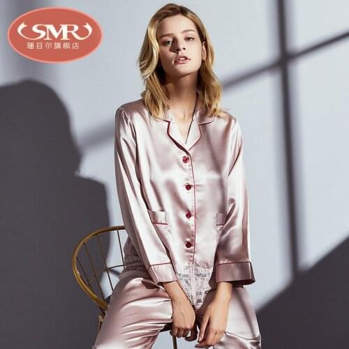 Shanmuers new 100% silk pajamas long-sleeved two-piece lace Nightwear Suit Sleepwear