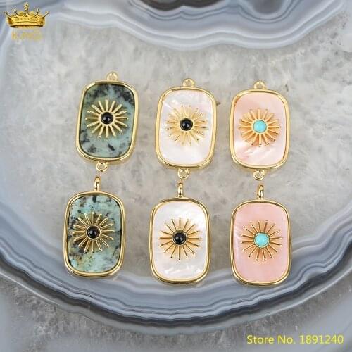 3pcs Gold Sun Flower Pendant Necklace,Natural White Pink Shell African Turquoises Rectangle Slab Charms For DIY Jewelry Findings