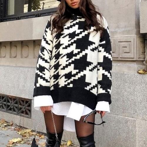 Casual Houndstooth Pullover Knitted Sweater Top Autumn Winter Long Sleeve Loose Oversized Sweater Women Turtleneck Jumpers Black