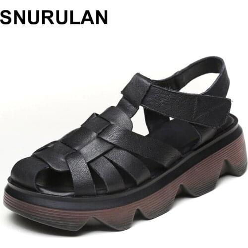 SNURULAN Fashion Roman Style Handmade Weave Genuine Leather Summer Shoes for Women Wedges Platform Casual Sandals Female Sandal