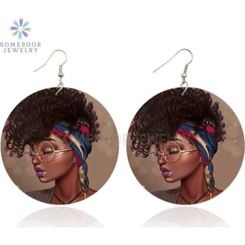 SOMESOOR Printing Fashion Afro Natural Hair Black Artstic Wooden Drop Earrings African Wood Pendant Jewelry For Women Gifts