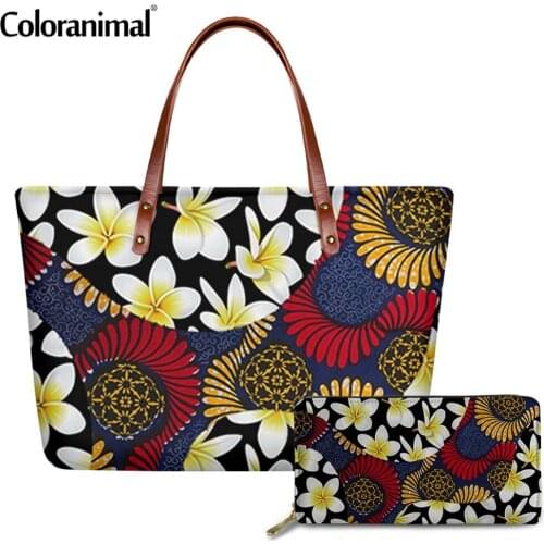 Coloranimal Tribal Style Women 2Pcs/Set Crossbody Bag Plumeria Hawaiian Flowers Print Lady Tote Handbag&Wallet Shoulder Bag 2020