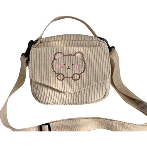 Cute Bear Print Zipper Corduroy Fanny Pack Large Capacity Shoulder Bag Casual Handbags for Women Best Sale-WT