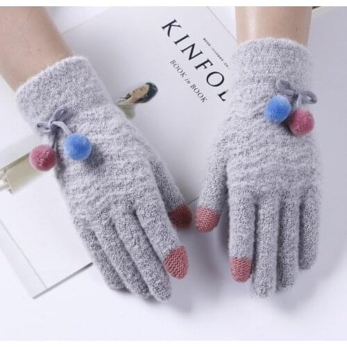 Female Fashion Flexible Knit Touch Phone Screen Gloves Winter Women Cashmere Full Finger Warm Cute Fur Ball Cycling Gloves A50