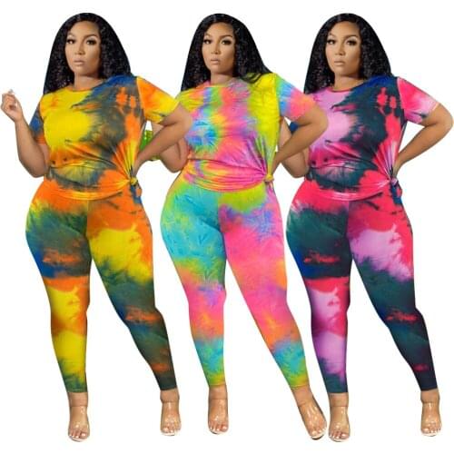 Plus Size Women Clothing 2 Piece Sets Outfits Tie Dye Pants Sets Crop and Top Summer Two Piece Suits Streetwear 4XL 5XL