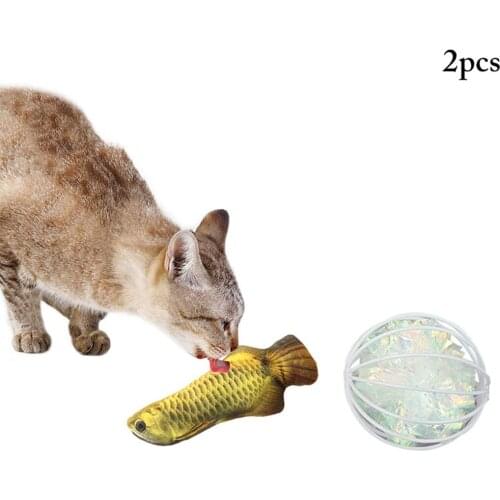 2pcsCat Toy Cats Ball Toy Crinkle Ball in Cage Interactive Plush Fish Cat Toy Catnip Cat Toys Pet Supplies
