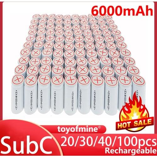 20/30/40/100pcs Sub C SubC With Tab 6000mAh 1.2V Ni-MH Rechargeable Battery White High