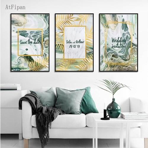 Abstract Unique Colorful Green Marble Poster Golden Leaves Canvas Paintings Wall Art Pictures for Living Room Modern Home Decor