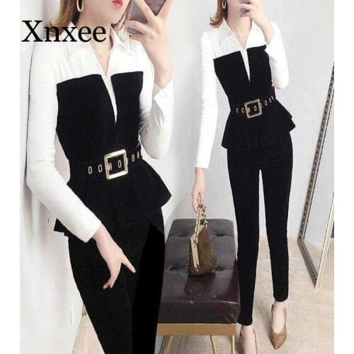 With Belt Women Spring Spliced V Neck Blouses White Black Tops Slim Pants Suits Elegant OL Ladies Office Set Formal Black