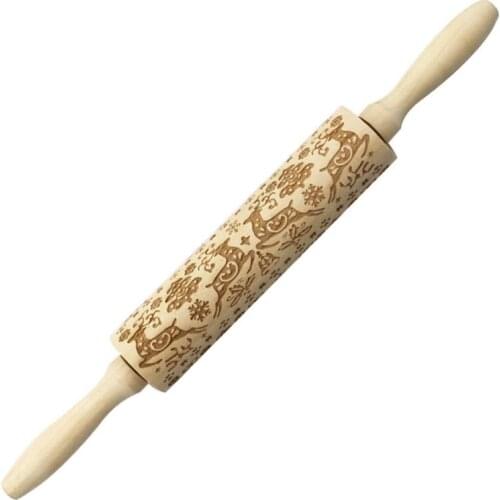 Wooden Christmas Rolling Pin Wooden Elk Print Carved Cookie Noodle Stick For DIY Cookies Biscuit Cake Fondant