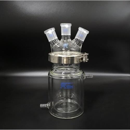 Double-layer cylindrical flat bottom open reactor bottle 500ml,100mm flange,With iron clip,Cover with three oblique necks 24/29