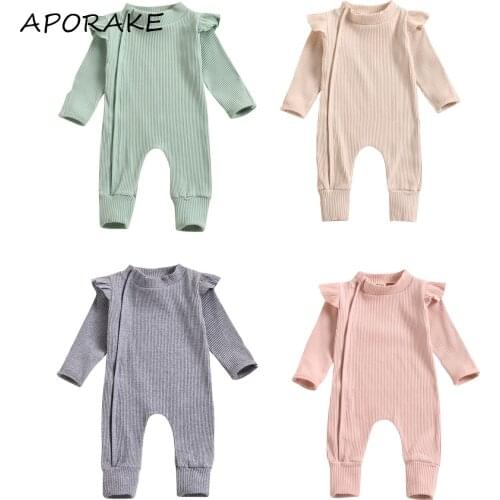 2020 0-18M Autumn Baby Boy Girl Fall Jumpsuit Ruffle Long Sleeve Knited Clothes Solid Color Zipper Romper Playsuit Fall Outfit