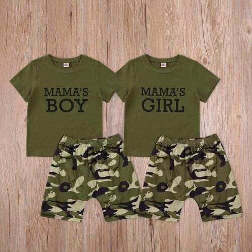 Summer Children Casual Two-piece Clothes Set Army Green Round Collar Short Sleeve Tops+Shorts Fashion Suits Outfits for 2-7T