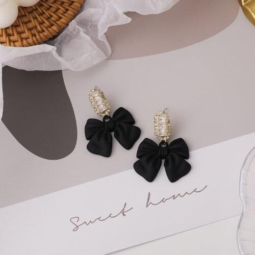 LOVOACC Autumn Winter Black Bowknot Earrings for Women Bling Bling Crystal Rhinestone Tie Bow Hanging Dangle Earrings Pendientes