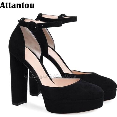 Fashion Black Red Suede Leather Round Toe Block Heeled Autumn Fall Dress Shoes Women Ankle Wrap Concise Platform High Heels