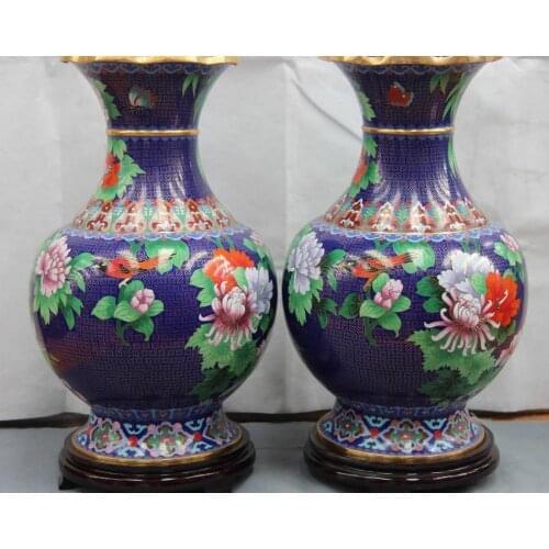 15 Royal Palace Copper gilt Cloisonne Enamel Peony flower and bird Pot Vase Pair