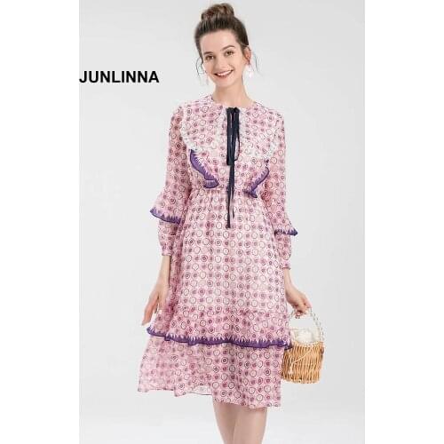 Cotton and Polyester Womens Printing Dress Crew Neck 3/4 Sleeve Summer Vestidos Ruffle Fashion Princess Dresses