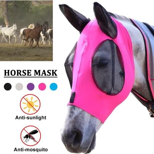 Horse Fly Fine Mask Breathable Anti Mosquito Mesh Equine Mask with Covered Ears Long Nose Face Cover Protection Decor Horse Mask