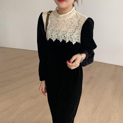 Wavsiyier Velvet Dress Women A-line Vintage Loose Elegant Patchwork Spring 2020 Korean Style Woman Dresses Winter Long Sleeve Pa