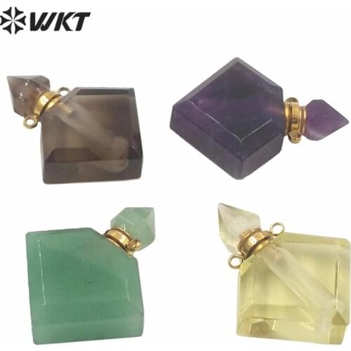 WT-P1575 Wholesale gold stainless steel components stone perfume bottle Rhombus shape natural stone essence oil bottle pendant