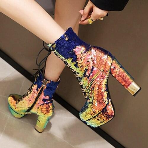 RIBETRINI fashion party super high heels ankle boots women shining glitters boots ladies high platform shoes woman 2020