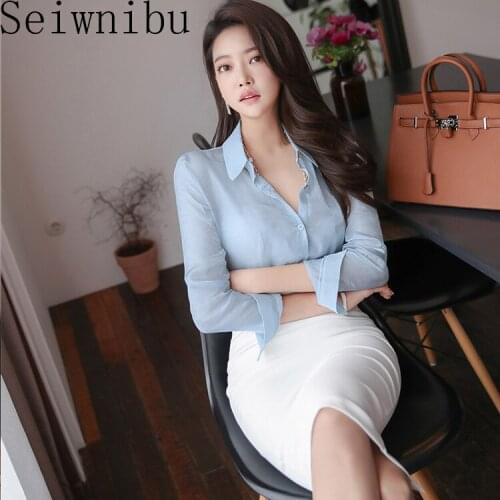 2020 Spring OL 2 Pieces Sets Women V-neck ligth blue Shirt Top & High Waist Sheath Bodycon Pencil Skirt Female Work Business Set