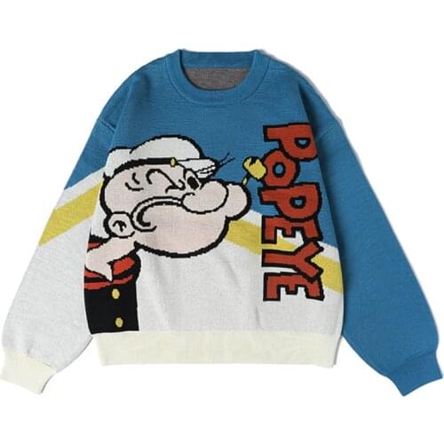 Womens Loose Knitted Cartoon Print Sweater Autumn New Preppy Style O-neck Cotton Pullover Winter Warm Sweater