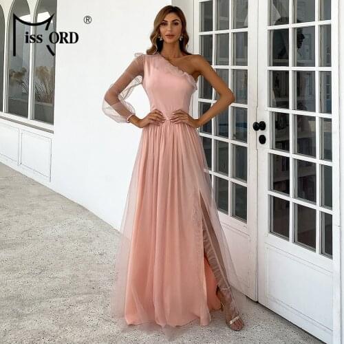 Missord 2021 Summer One Shoulder Mesh Prom Dress Maxi Dress Evening Party Dress Lace Pink Backless Women Beach Dresses