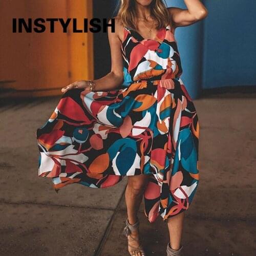 Instylish Women Summer Vintage Geometric Stitching Midi Dress Elegant Strap V Neck Irregular A Line Dress Beach Party Sundress