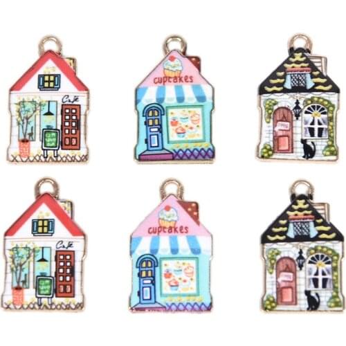 10Pcs Lovely Cartoon Printing House Charms Pendants Model Alloy Jewelry Material Small Hanging Accessories DIY Findings 2*1.2cm