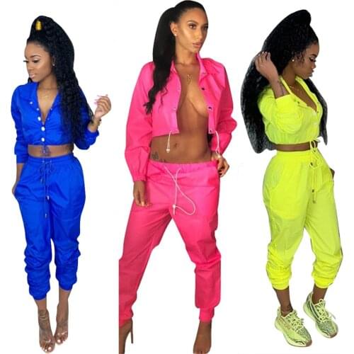 55LS6235 Autumn Winter Women Fashion Cool Neon Color Sports Two Piece Set Top and Pants Tracksuit Sweatsuit Outfits Joggers Hot