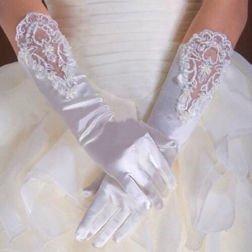 Beauty-Emily Satin Wedding Accessories Long Bridal Gloves Lace Beading Sequins Elegant Gloves For Woman