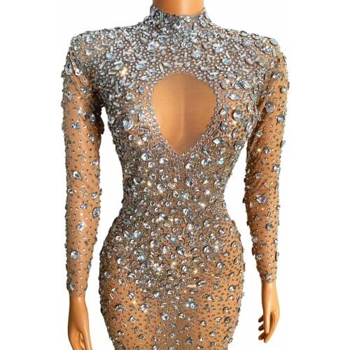 Sparkly Rhinestone Dress See Through Mesh Long Dess Drag Queen Costume Prom Singer Gogo Dancer Performance Stage Wear VDVDB3521