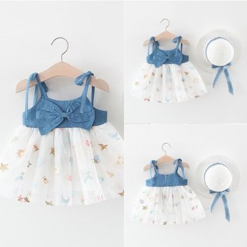 Infant Kids Baby Girl 0-48M Summer Denim Suspender Princess Tutu Dress With Hat Set