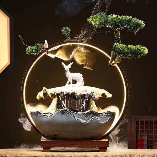 Ancient Chinese Incense Burner Smoke Waterfall Back Flow Luxury Incense Burner Led Light Ceramic Kadzielnica House Decor EI50IB