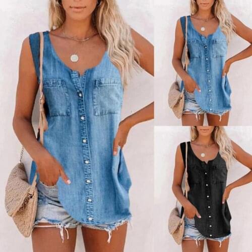 Trendy Fashion Sleeveless Single-breasted Denim Vest Streetwear T-shirt Buttons for Daily Life