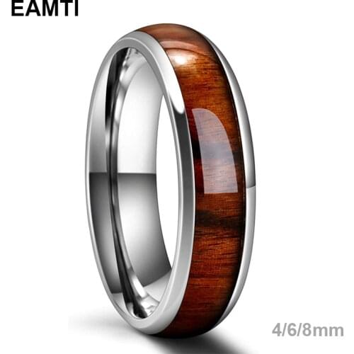 EAMTI 4mm 6mm 8mm Stainless Steel Ring Real Brown Koa Wood Inlaid High Polished Sieve Wedding Ring Men Women
