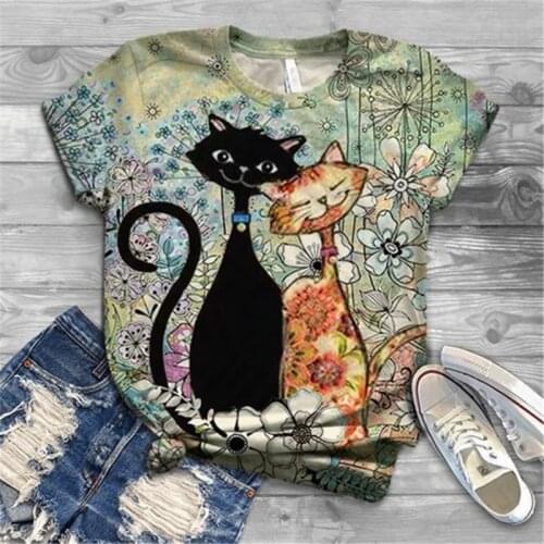 Y2k Cat Pattern Graphic T Shirts Women Round Neck Short Sleeve Tee Tops Animal Lovely Tshirts Ladies Summer Fashion Clothes