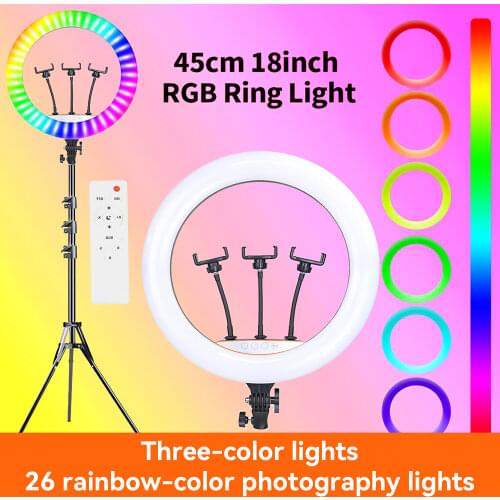 18 inch RGB Ring Light Dimmable 45cm Selfie Lamp With Tripod Photographic Lighting Studio Video Lights For Live Make Up Youtube