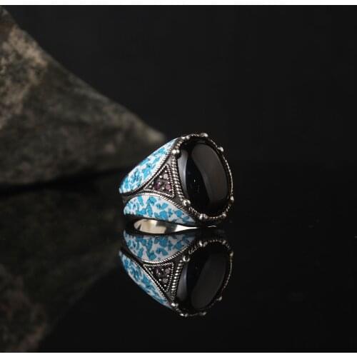Black Zircon 925 Silver Engraved Traditional Handmade Turkish Signet Ring Jewelry Gift for Women Men