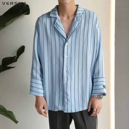 VERSMA Korean Loose BF Pajamas Style Harujuku GD Casual Shirt Men Striped Vintage Chemise Camisa Mens Long Sleeve Shirt Boy Girl