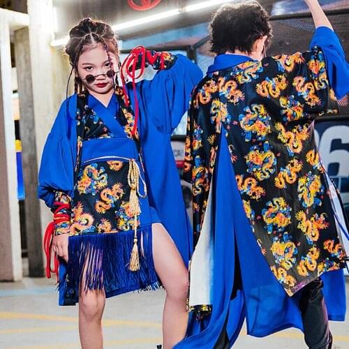 Girls Jazz Dance Costumes Blue Oriental Traditional Clothes For Kids HipHop Suit Boys Girls Street Dance Festival Outfit DQL4919