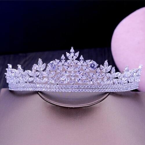 SLBRIDAL Crystals Rhinestones Copper Alloy Cubic Zircon Wedding Tiara CZ Bridal Queen Princess Pageant Party Crown Bridesmaids