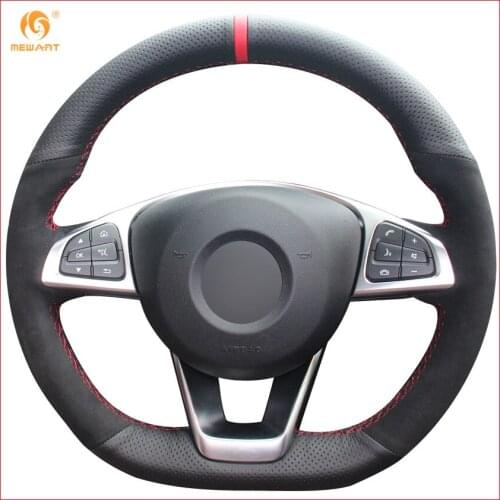 MEWANT Black Genuine Leather Black Suede Steering Wheel Cover for Mercedes Benz C200 C250 C300 B250 B260 A200 A250 Sport CLA220