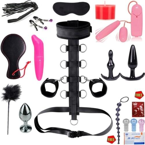 Adults Games BDSM Bondage Gear Set Black Reverse Side Arm Neck Collar Handcuffs Bondage Restraints For Woman Couples