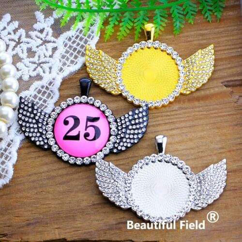 Fit 25mm Cabochon Settings White K Gold Black Color Plated Round Cameo Base Blank Tray Zinc Alloy Wings Set With Diamonds