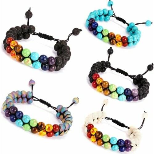 Wholesale 30pcs Lots 7 Chakra Bracelet Black Lava Healing Balance Beads Reiki Double Layer Row Natural Stone Yoga Bracelets
