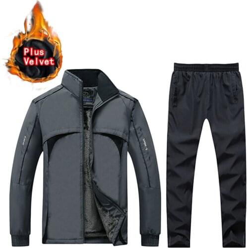 Autumn Winter Men Fleece Warm Running Sports Suit Windproof Thicken Sportswear Set Jogging Fitness 2piece Set Outdoor Tracksuits