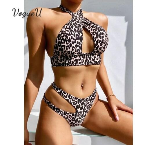 Sexy Hollow Out Leopard Bikinis Lady Swimsuit Women Bikini Set Summer Cross Neck Bandage Swimwear Push Up Two Pieces Swim Suit